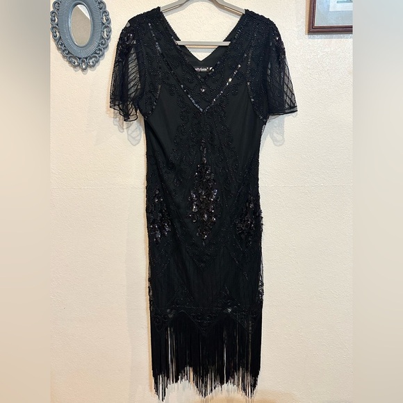 Black Embellished Tiered Midi Dress - Picture 1 of 15